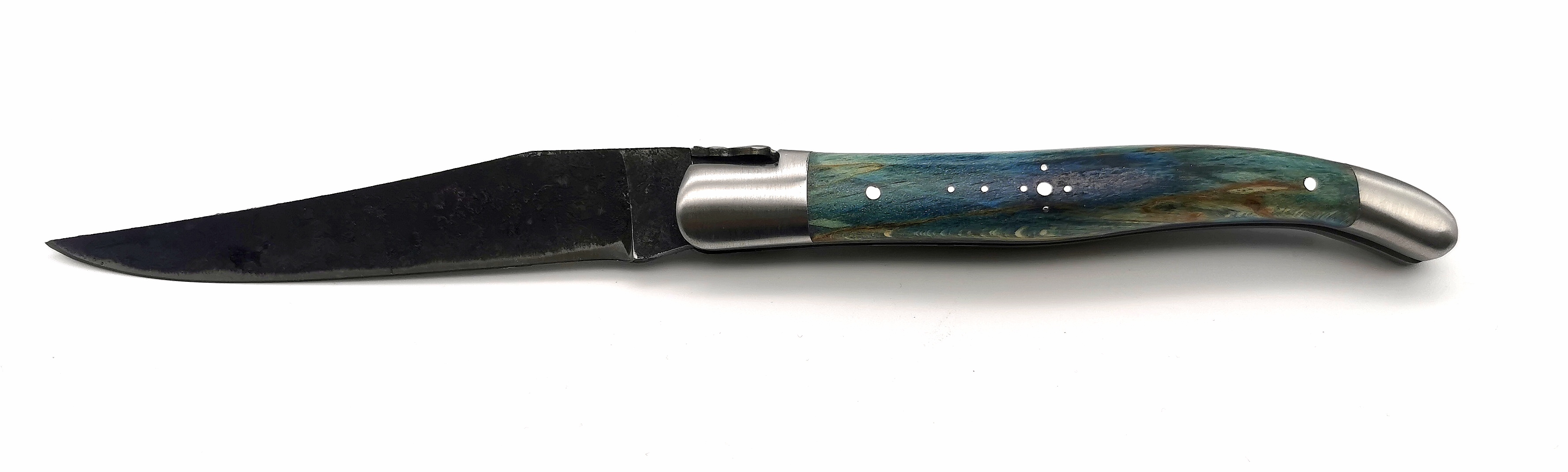 Laguiole Village 12cm gefärbte Buche blau Brut de Forge